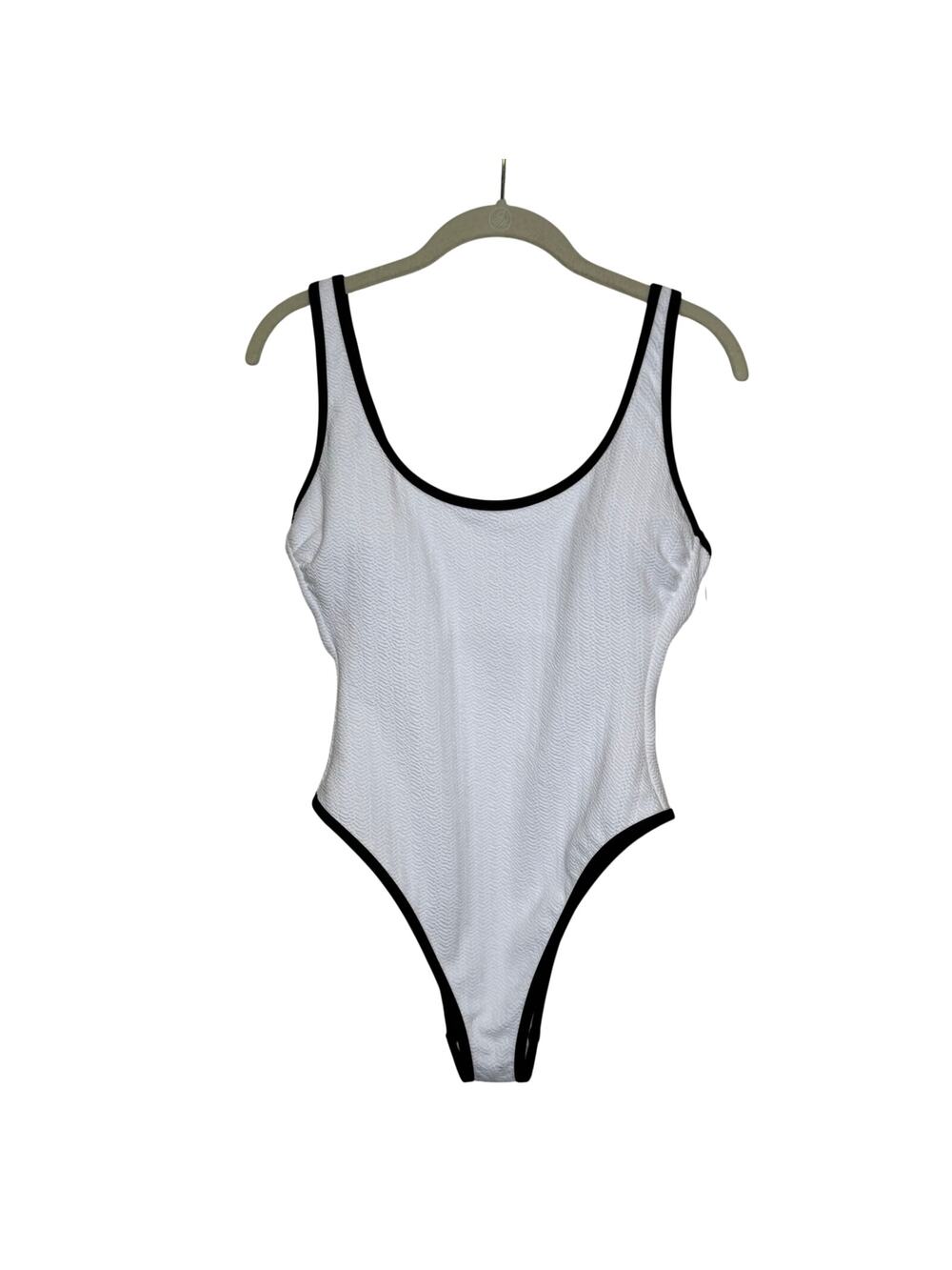 NWT White Black Trimmed High Leg Cheeky One Piece Classic Tank Swimsuit